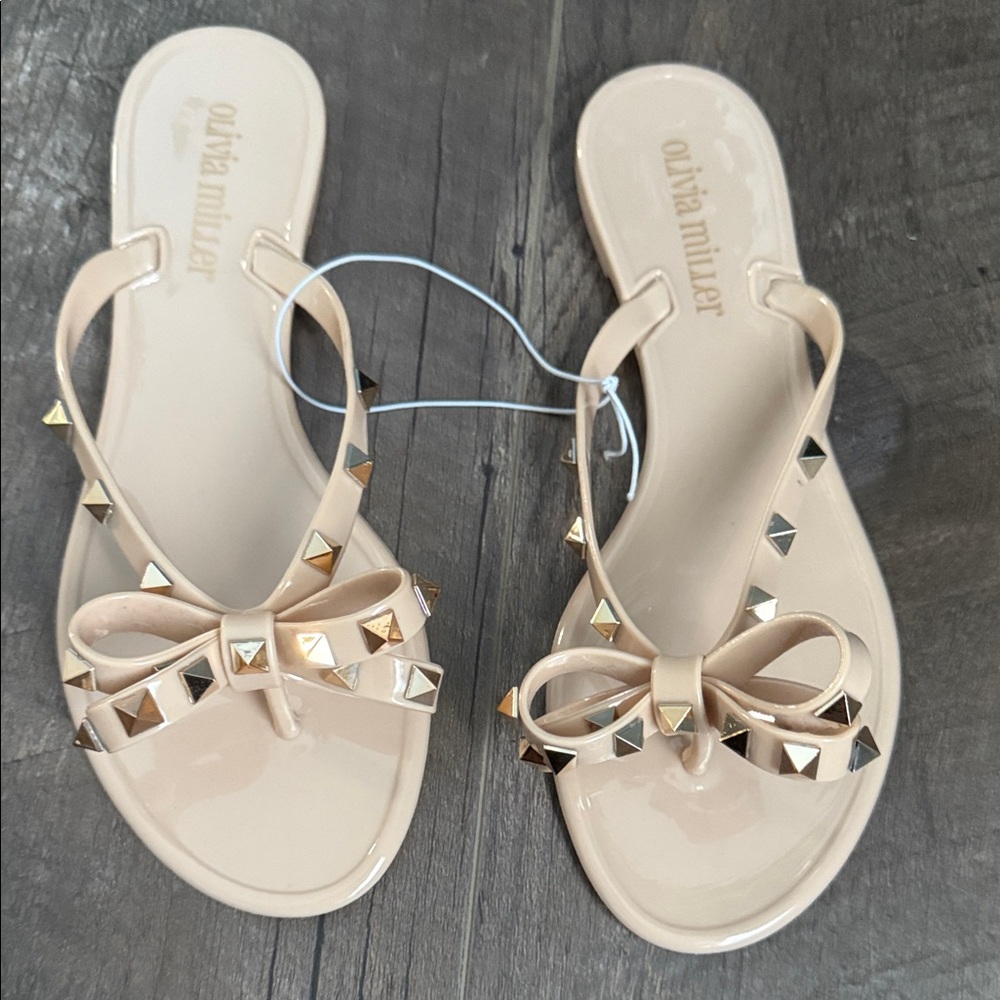 Olivia Miller Beige Bow Studded Sandals